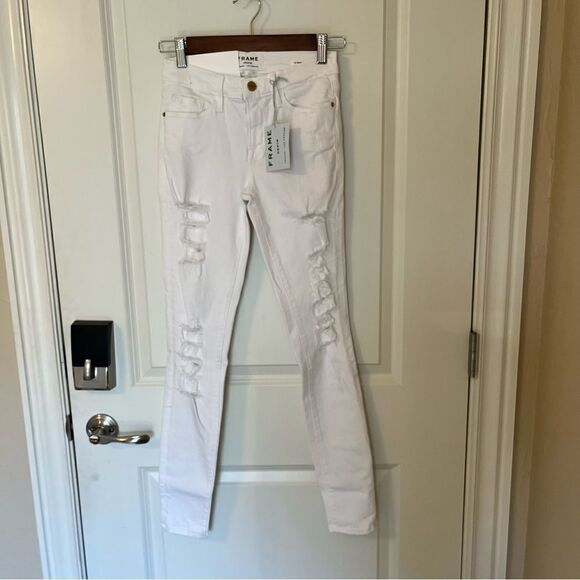 Frame Le Skinny De Jeanne Blanc Distressed Jeans - Picture 2 of 10